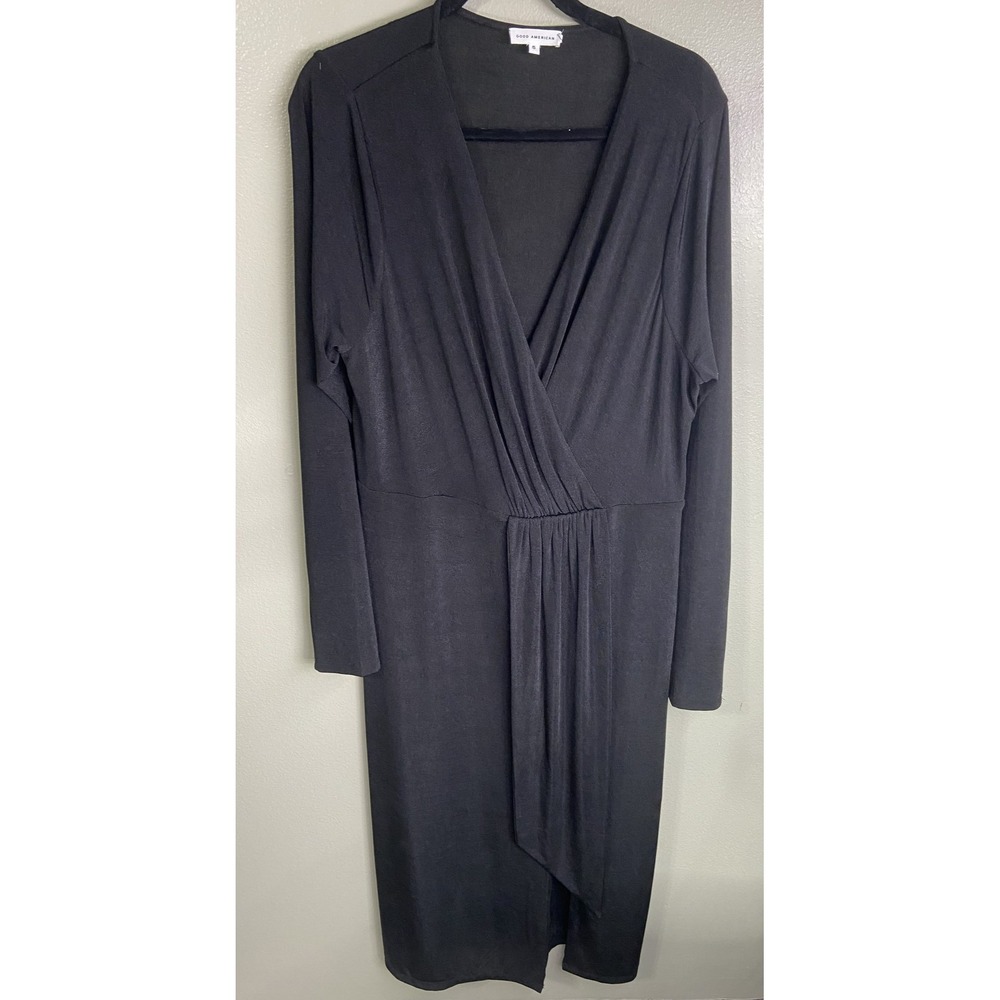 Good American Dress Womens 5 2XL Black Faux Wrap Midi Stretch Slit Lined‎ Ribbed
